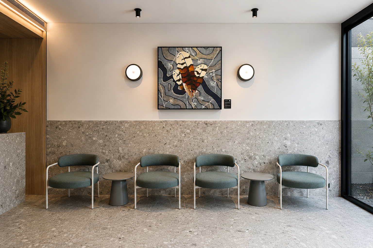 Modern waiting area with four green chairs and small side tables, abstract butterfly artwork, two wall lights, and a large window with a view of outdoor plants.