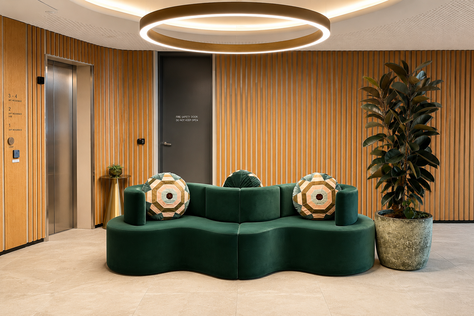 Modern lobby with a green curved sofa, patterned cushions, a large potted plant, wooden wall paneling, an elevator on the left, and a black door in the background.