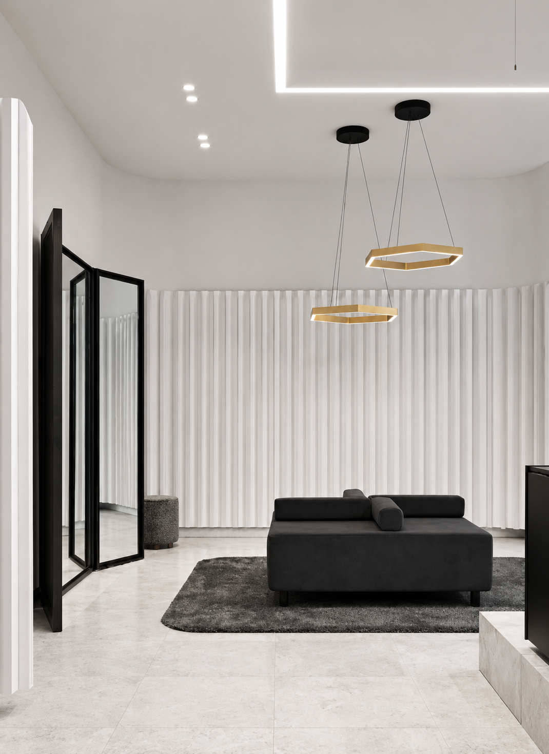 Modern minimalist living room with white textured wall, black sofa, gray rug, decorative black folding mirror, small black side table, and gold geometric pendant lights.