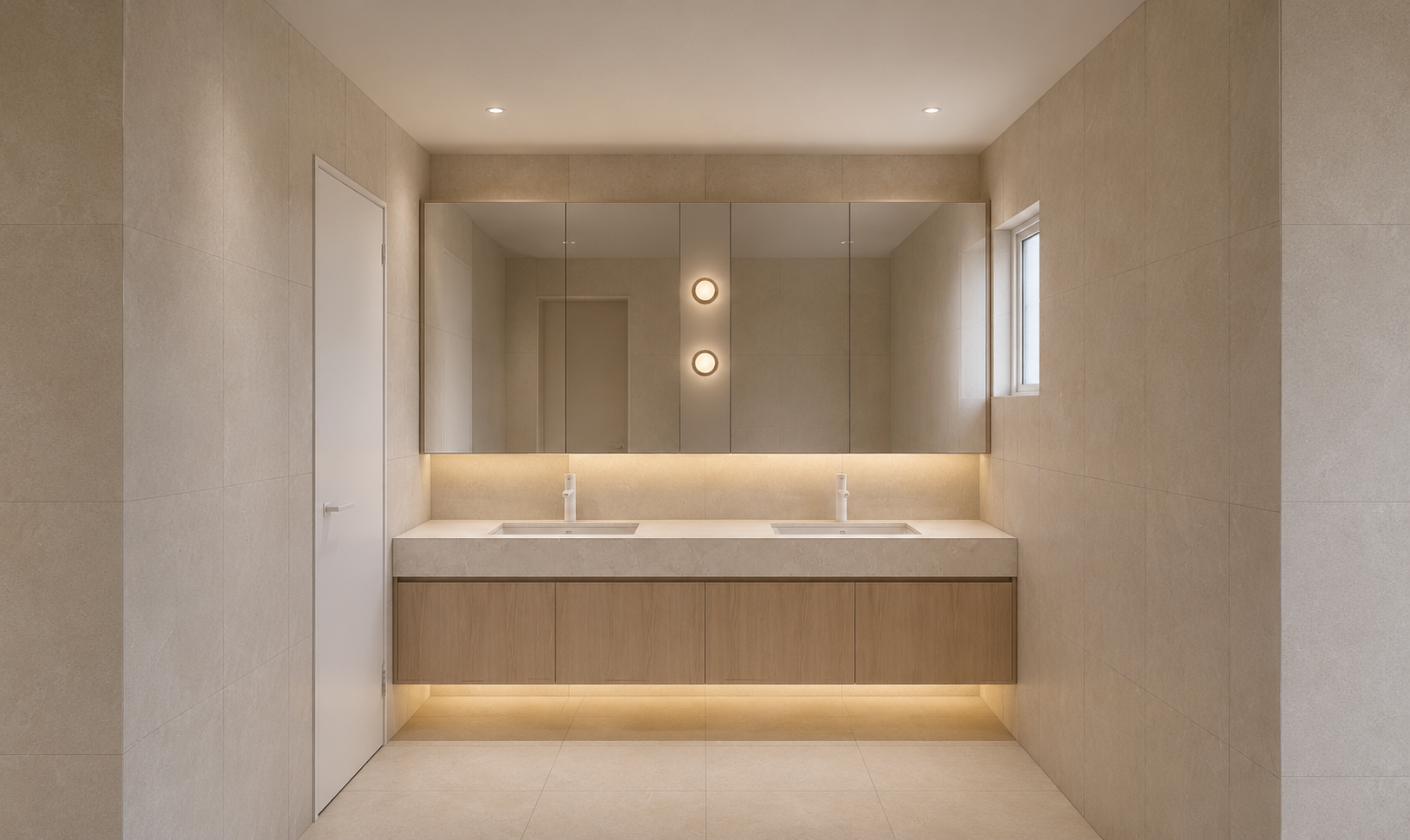 Modern bathroom with dual sinks, large mirror cabinets, beige tiles, and a small window on the right.