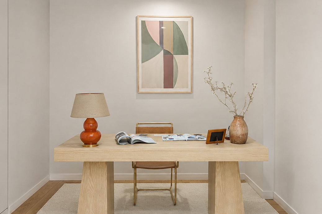 Minimalist home office with a light wood desk, a desk chair, a table lamp, a small framed photo, a large terracotta vase with dried branches, and abstract artwork on the wall.