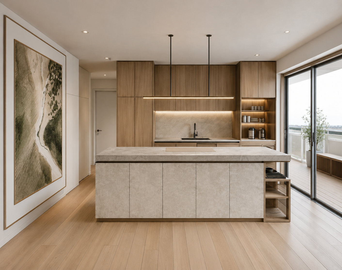 Modern kitchen with light wood cabinets, a white marble island, a beige marble backsplash, and a sliding glass door leading to a balcony with outdoor seating and potted plants.