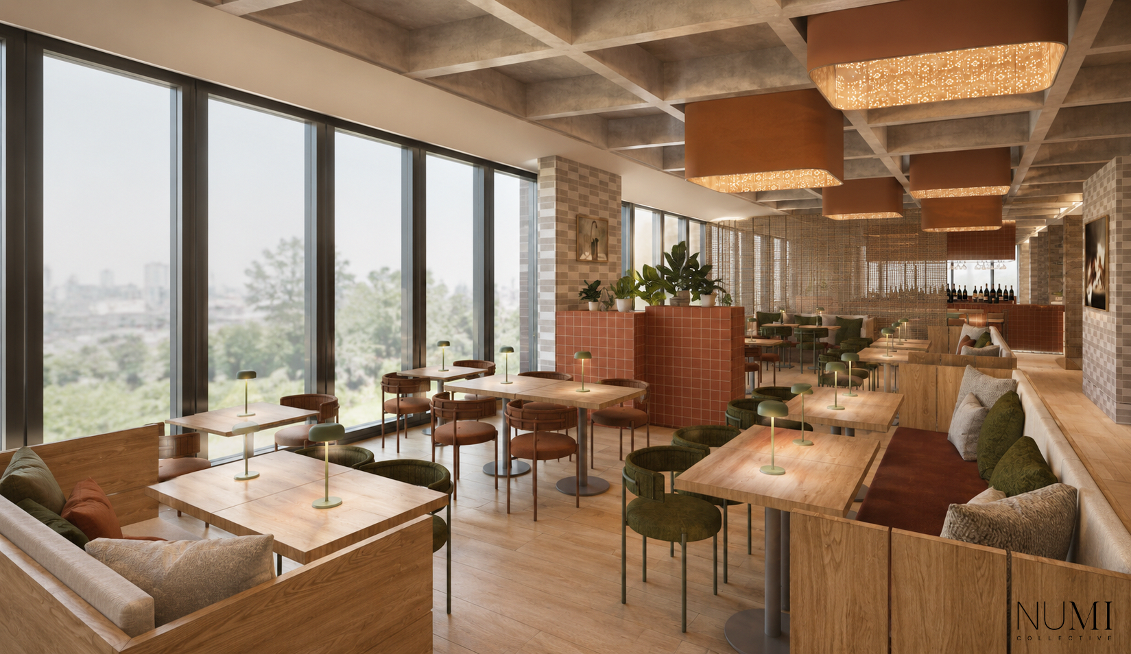 Interior of a modern restaurant with large windows, wooden tables, green and brown chairs, small table lamps, and decorative plants.