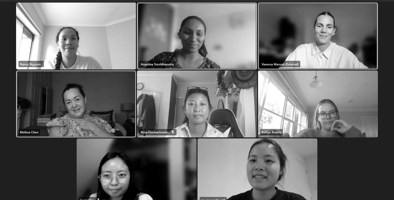Screenshot of a virtual meeting with nine diverse women in individual video frames, some smiling, some with thoughtful expressions, in various indoor settings.