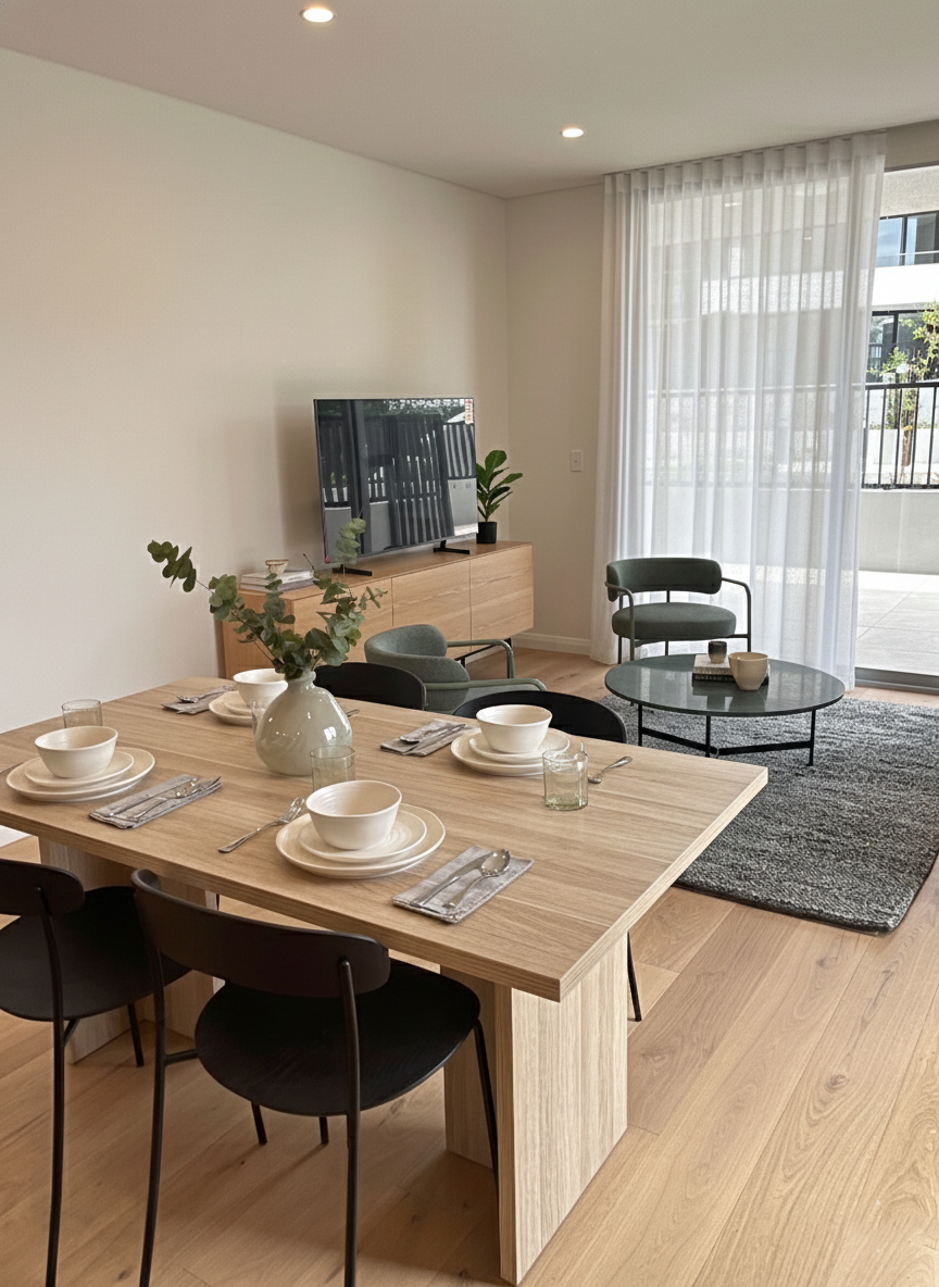 A modern dining and living room with a wooden dining table set for four, featuring white bowls and glasses. The living area has a gray rug, a small round coffee table, and two chairs, with a TV on a wooden stand against the wall. Large windows with s
