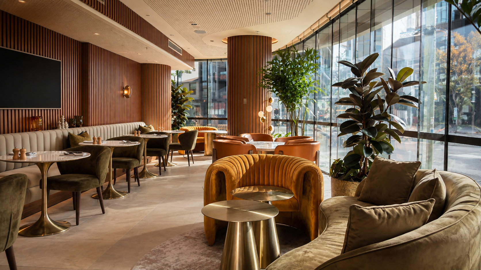 Modern restaurant interior with large glass windows, green plants, plush chairs, and marble tables.