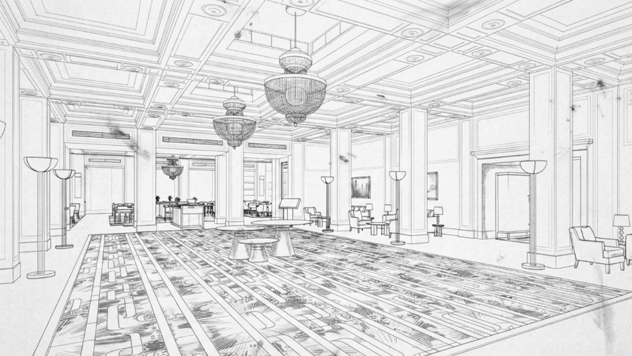 Line drawing of a hotel lobby with chandeliers, chairs, lamps, and a carpeted floor.