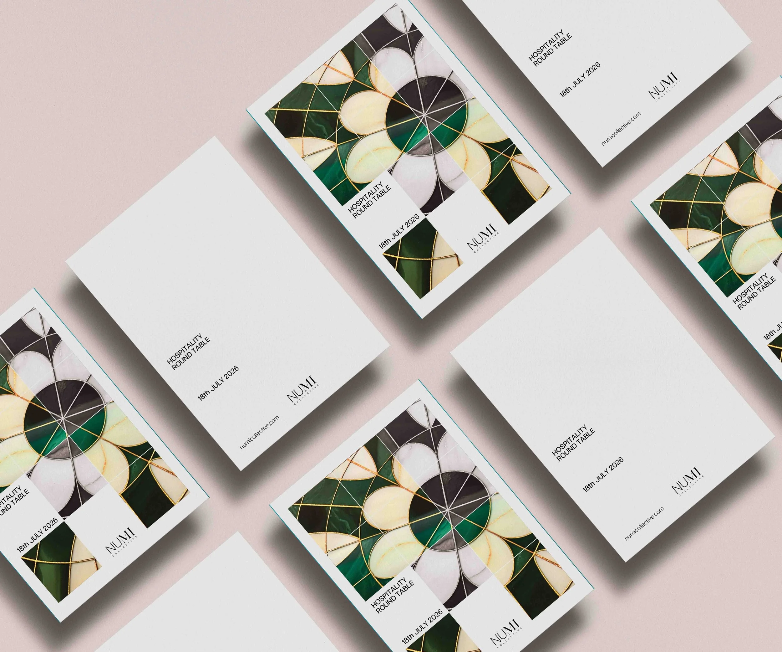 Black and white printed cards advertising a hospitality round table event on July 18, 2026, with geometric patterns and the NUMI Collective logo.