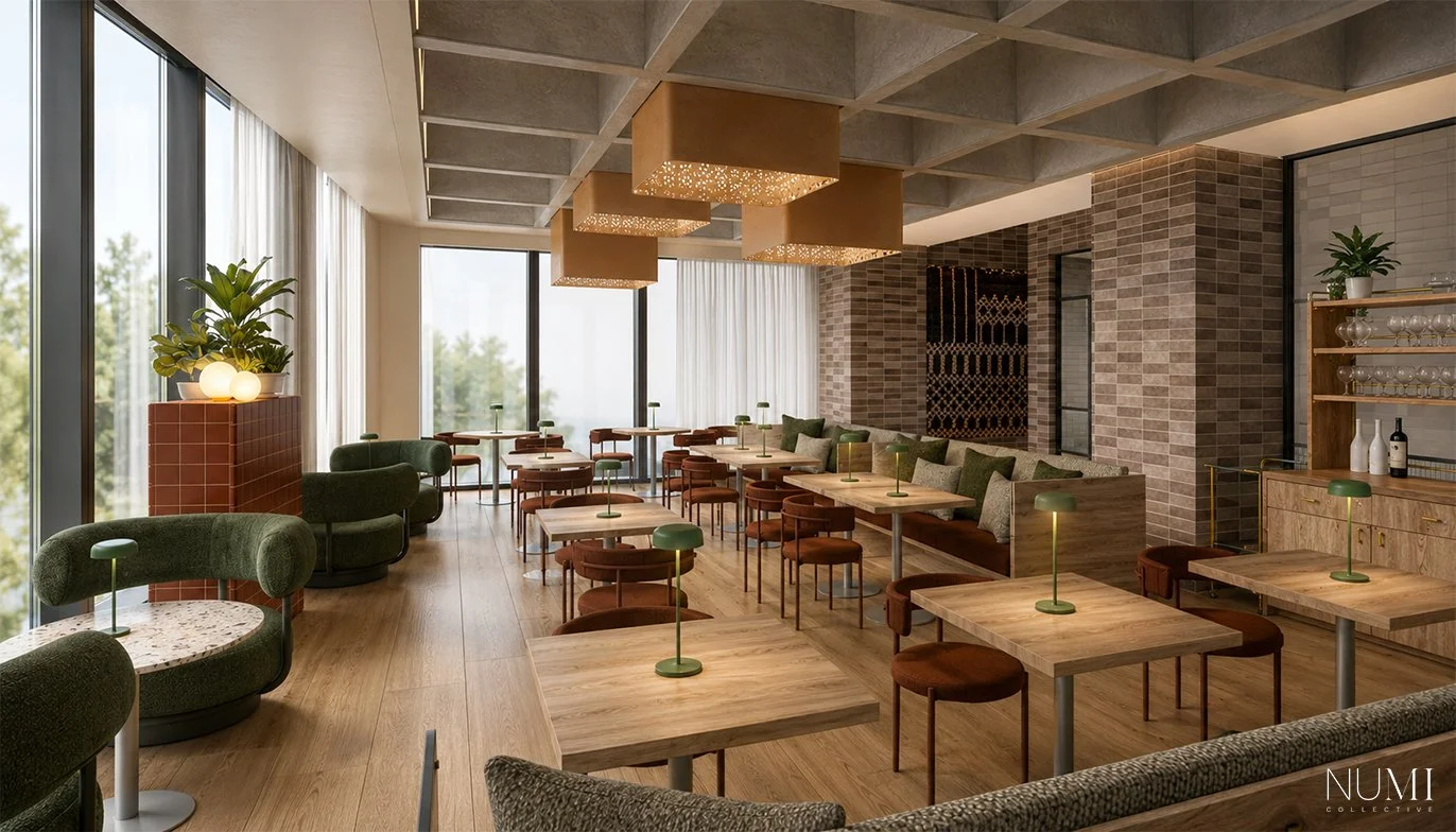 Modern restaurant interior with large windows, wooden tables, green and brown chairs, and decorative ceiling lights.