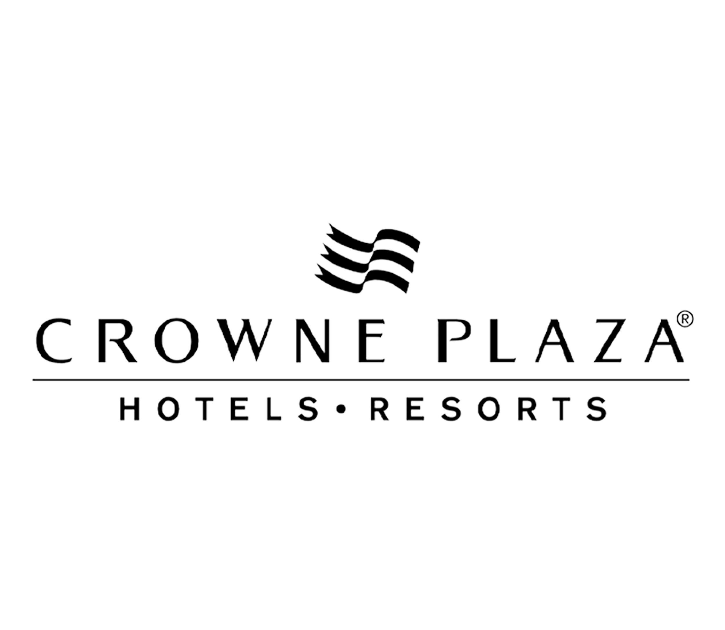 Black and white logo for Crowne Plaza Hotels Resorts featuring a stylized crown icon above the name in uppercase letters.