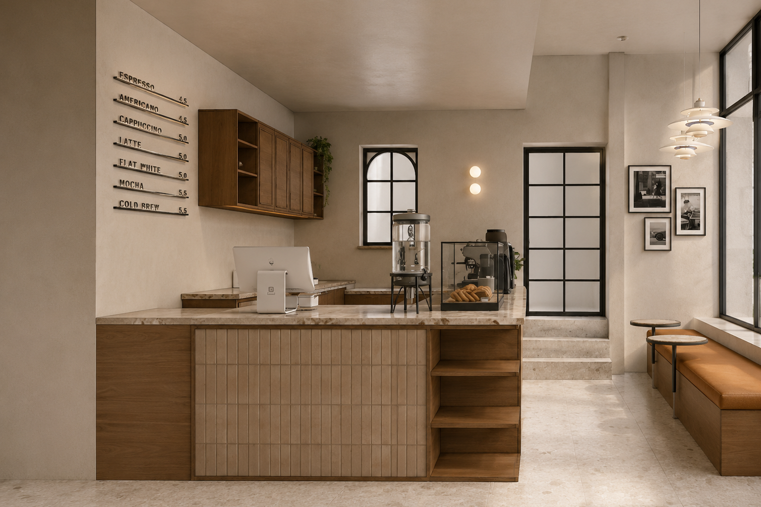 Interior of a modern coffee shop with a marble counter, coffee equipment, and wall art, featuring natural light from large windows.