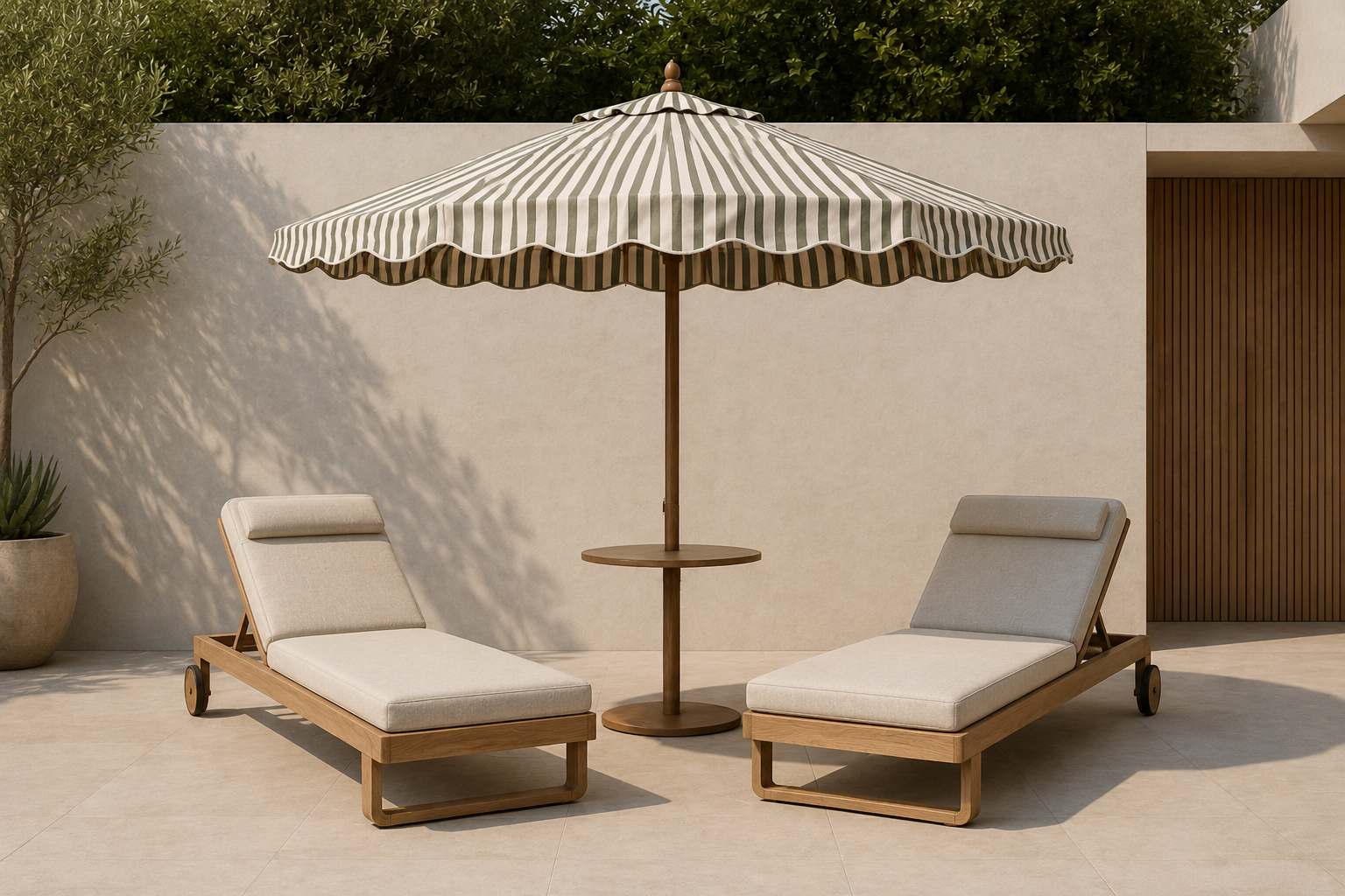 Two cushioned lounge chairs with beige upholstery, a striped patio umbrella, and a small round side table in an outdoor setting with a beige wall, potted plant, and wooden panel
