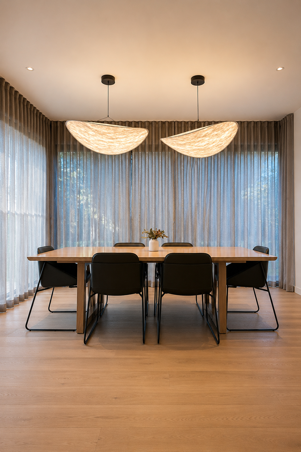 Modern dining room with a wooden table, six black chairs, a white vase with flowers, and large curtains. Two large pendant lights hang from the ceiling.