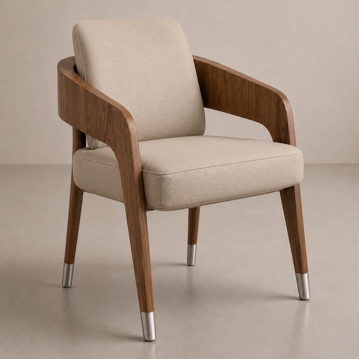 Modern armchair with beige upholstery, wooden armrests, and metal-tipped legs.