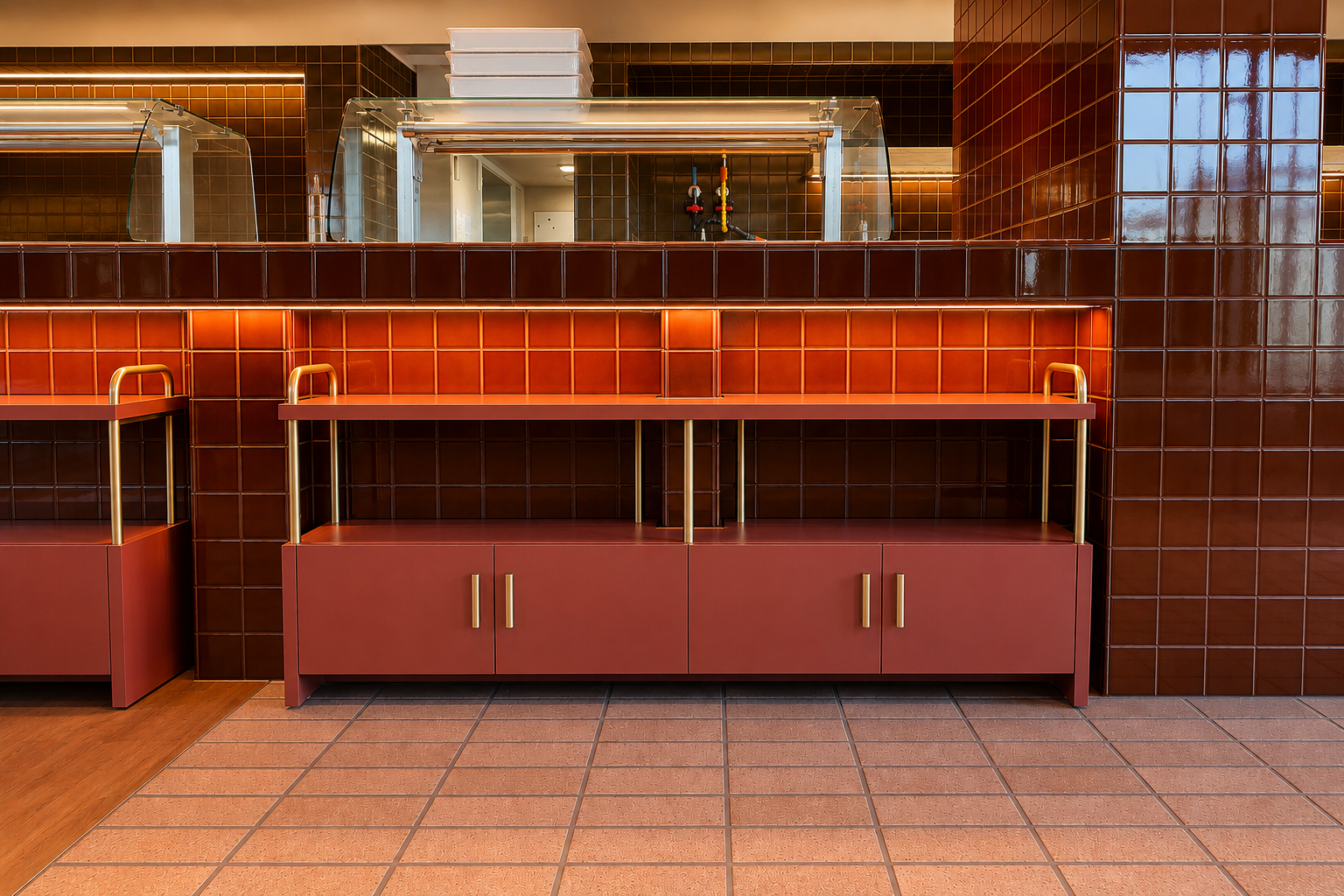 Empty salmon-colored serving counter with cabinets below, gold handles, in a diner with dark brown tiled walls and a glass display about a foot above the counter.