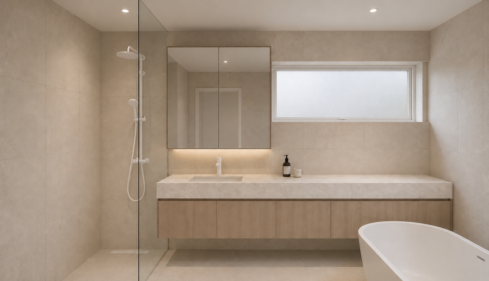 Modern bathroom with a walk-in shower, a floating vanity with a sink, a large mirror, a frosted window, and a bathtub.