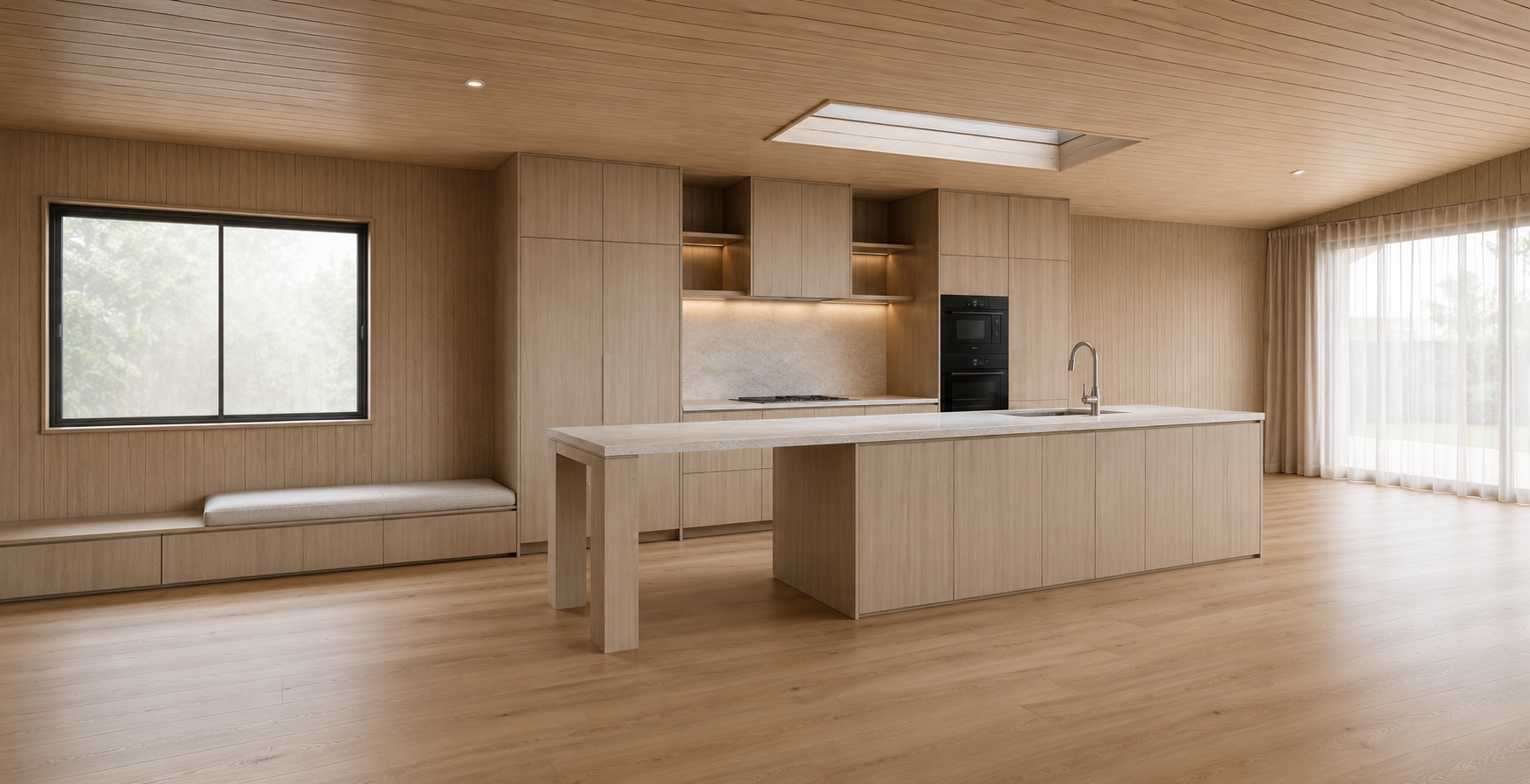 Modern kitchen with wooden cabinets, island, built-in oven, and large windows with curtains.