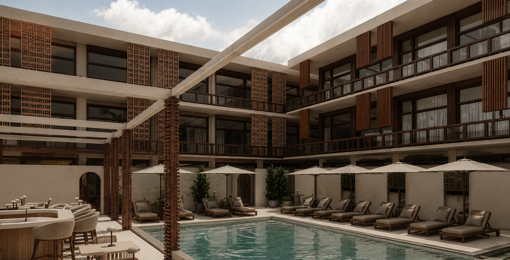 Luxury hotel courtyard with a swimming pool, sun loungers with cushions, umbrellas, and modern building with large windows and decorative brick and wood accents.