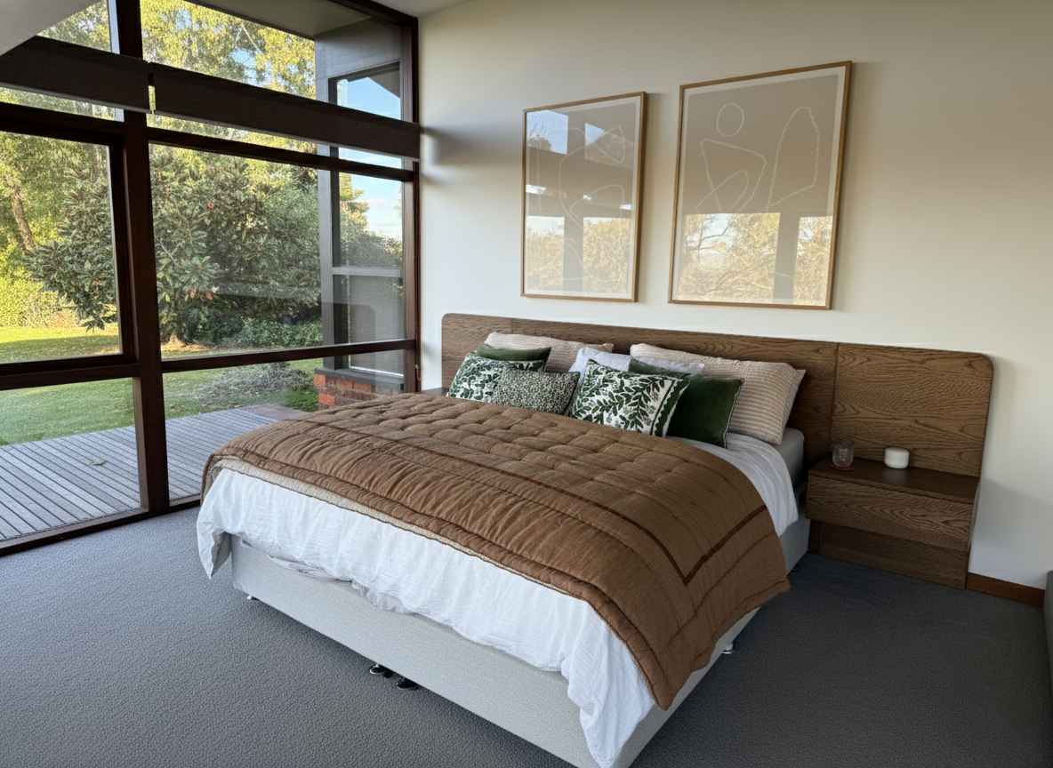A bedroom with a large window showing a green outdoor landscape, a bed with white linens and a brown quilt, and decorative pillows. There are two abstract line art prints mounted on the wall above the bed, and small candles on a built-in wooden side 