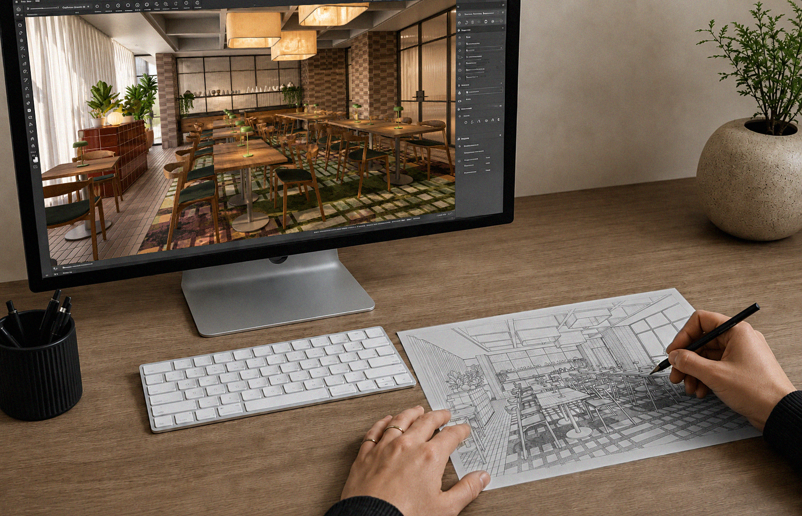 On a wooden desk, a person is sketching an interior design of a café or restaurant on paper. A computer monitor displays a digital rendering of the same space, with chairs, tables, and plants. There is a keyboard, pens in a holder, and a potted plant on the desk.