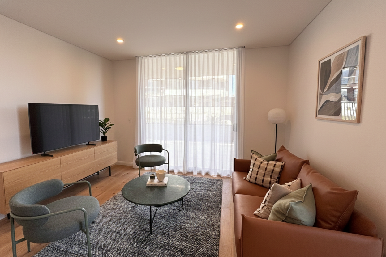 Living room with a flat-screen TV on a wooden console, green armchairs, a brown sofa with pillows, a small round coffee table with decorative items, a patterned rug, a tall floor lamp, a framed abstract art on the wall, and sliding glass doors with s