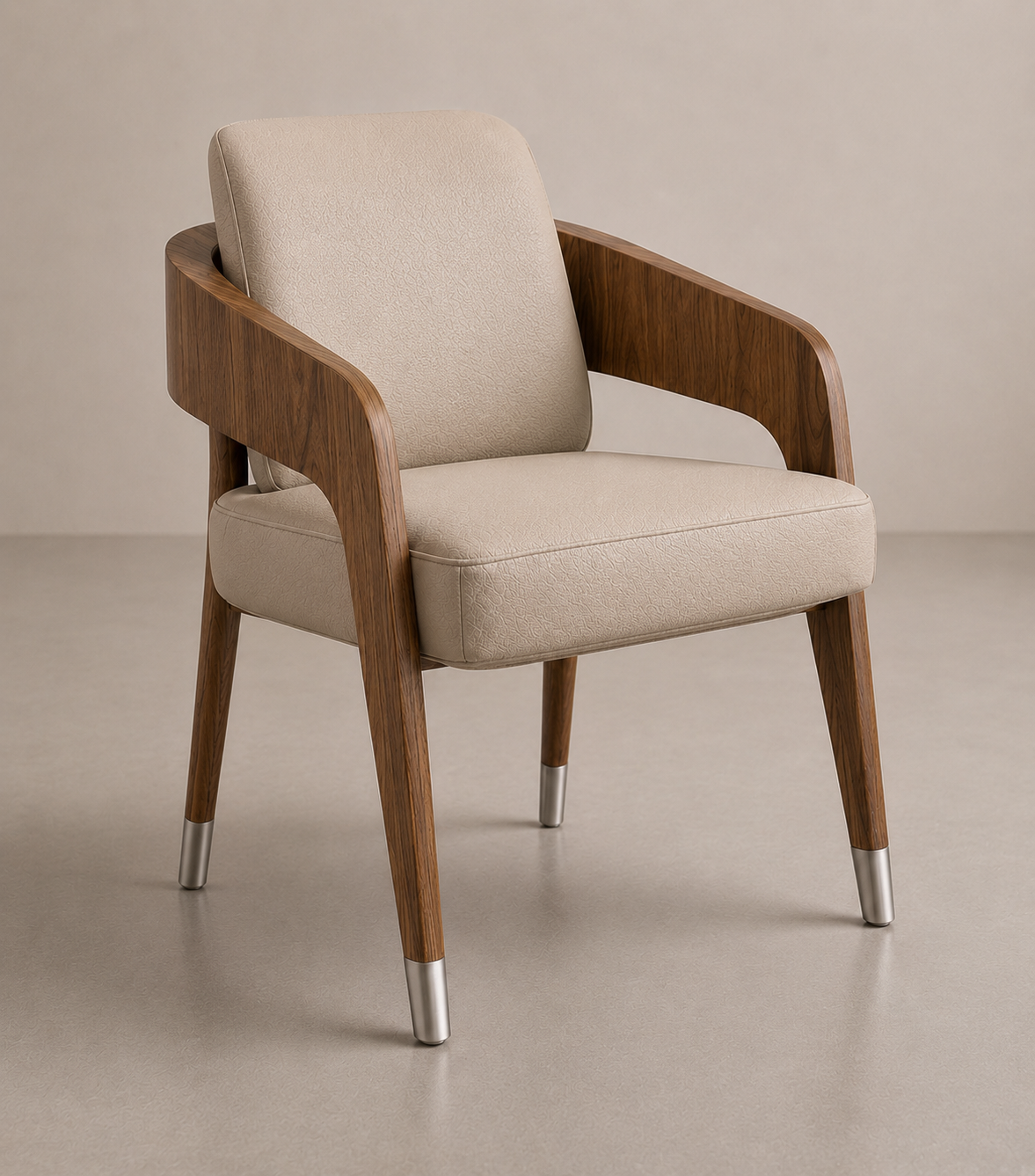 A modern armchair with wooden arms and legs, upholstered in light-colored fabric, set against a plain background.