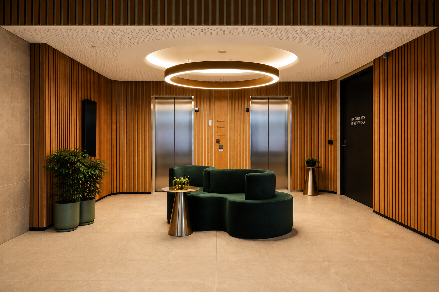 Modern lobby with wooden wall panels, two elevators, a green curved sofa, small side tables with decorative items, potted plants, and a circular ceiling light.