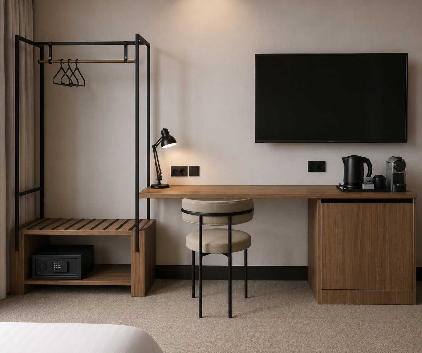 Hotel room workspace with a wooden desk, a beige cushioned chair, a mounted black television, and a minibar area with an electric kettle, coffee machine, and kettle. A black wall-mounted lamp and electrical outlets are on the wall.
