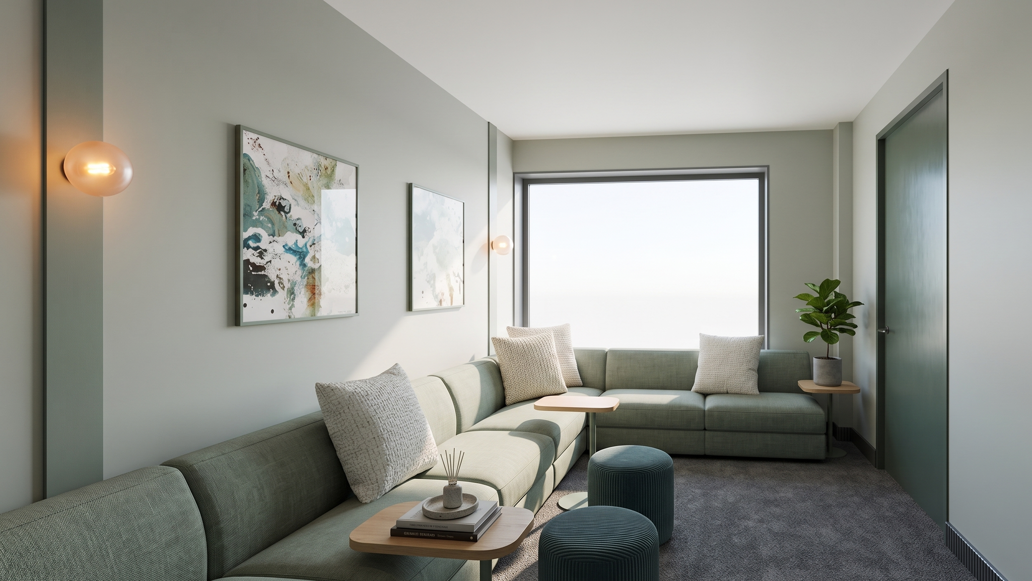 A modern living room with a large light green sofa accented with textured cushions, a wooden side table, abstract artwork on the wall, a potted plant, and a large window allowing natural light.