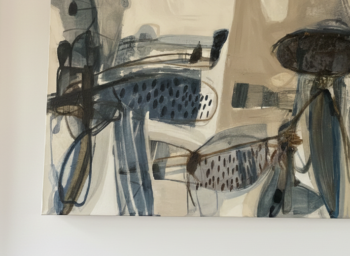 Abstract painting with shades of gray, blue, black, and brown, featuring irregular shapes and patterns.