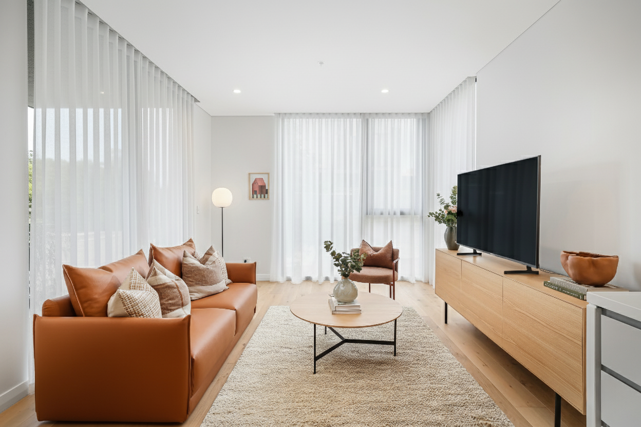 Modern living room with tan leather sofa, beige pillows, wood coffee table with vase and books, white shag rug, large flatscreen TV on a light wood TV stand, floor lamp, sheer white curtains, small framed art, vase with flowers, and a second armchair