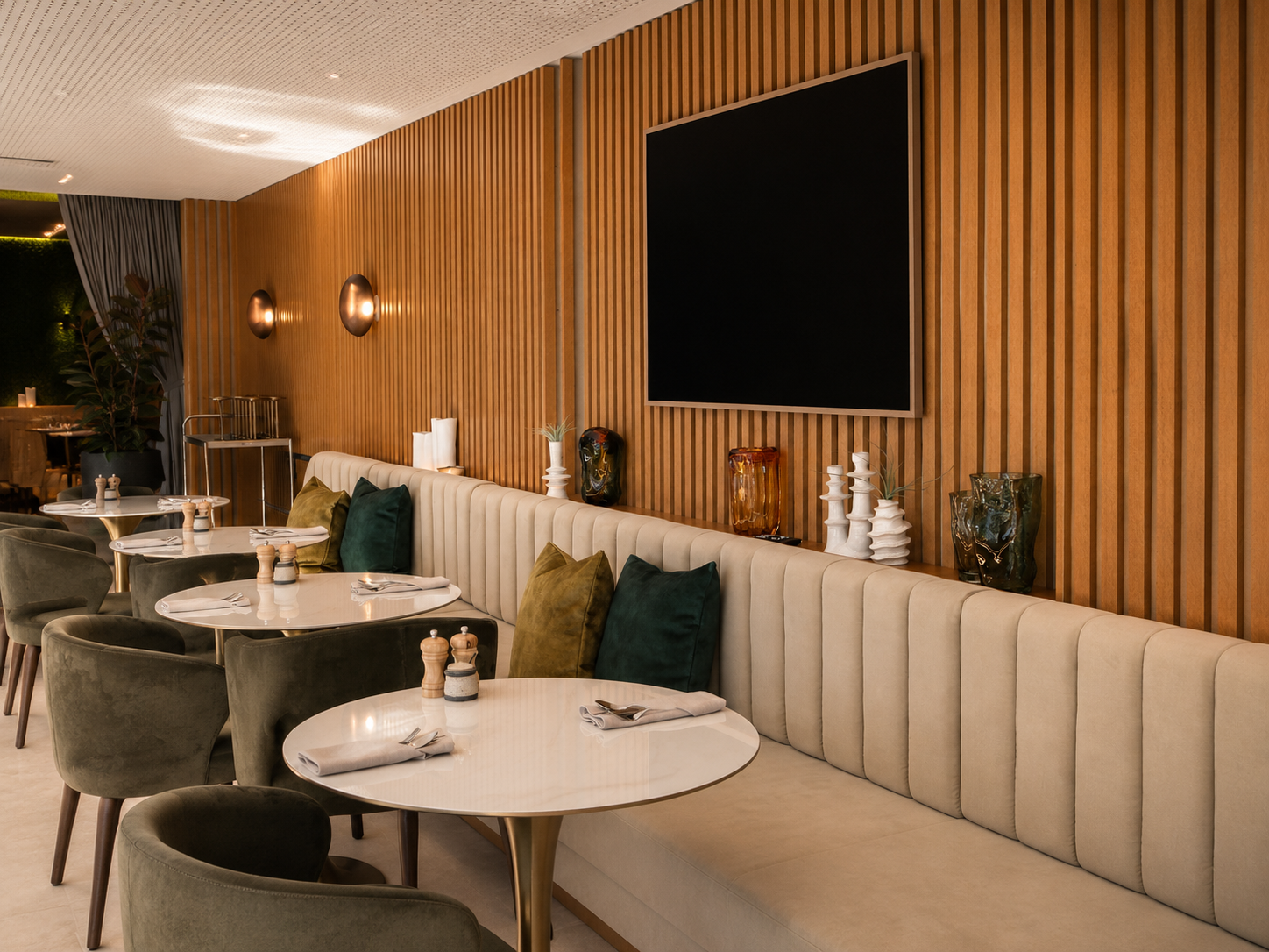 Modern restaurant interior with beige upholstered banquette seating, green velvet chairs, white round tables with silverware, napkins, and small salt and pepper shakers. Decor includes decorative vases and sculptures, with a large black rectangular television on a wood-paneled wall.