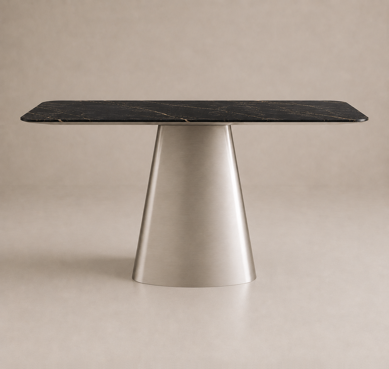 Modern table with a black marble top and a conical metallic base against a plain beige background.