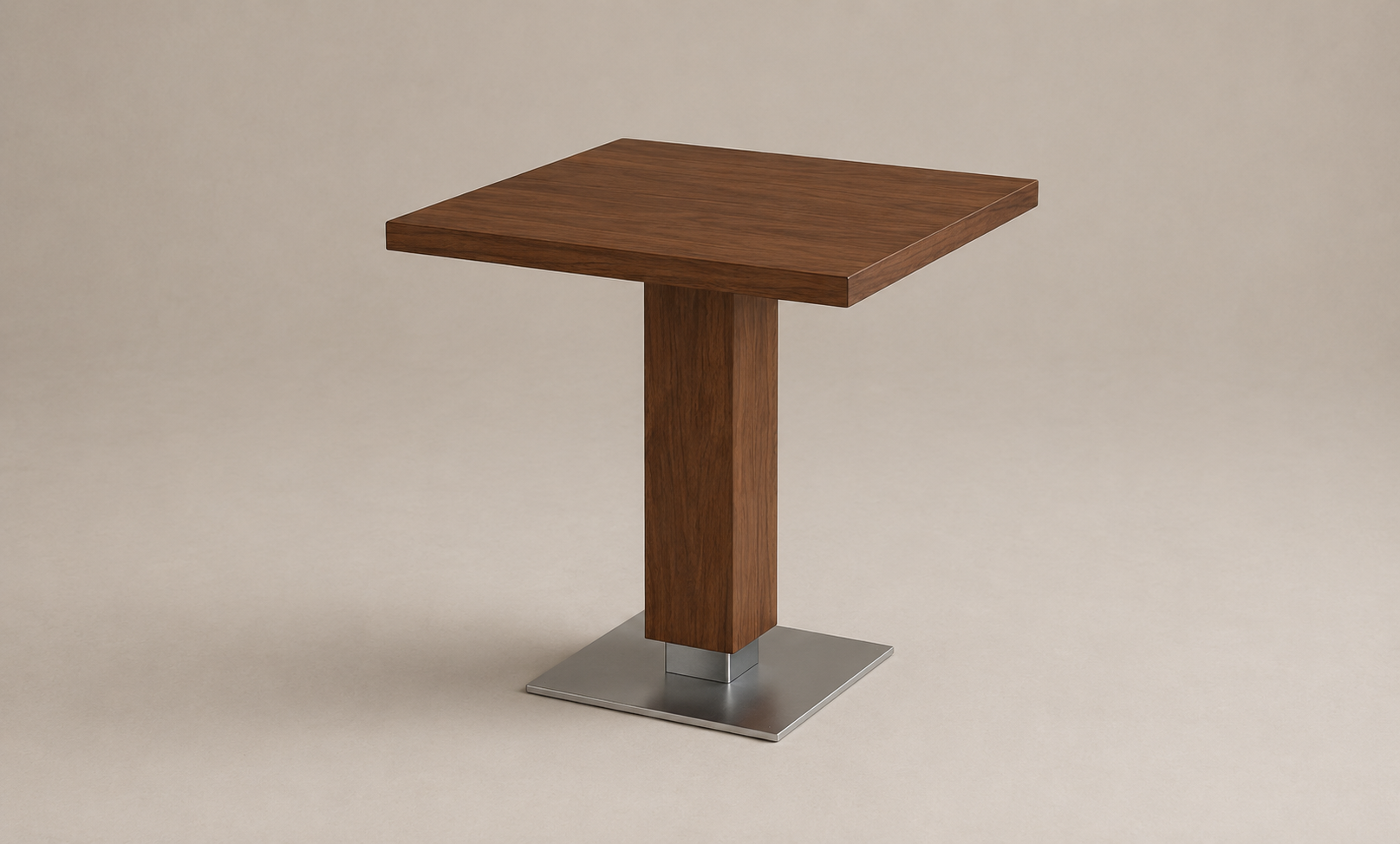 A wooden side table with a square top and a single rectangular support, mounted on a silver metal base.