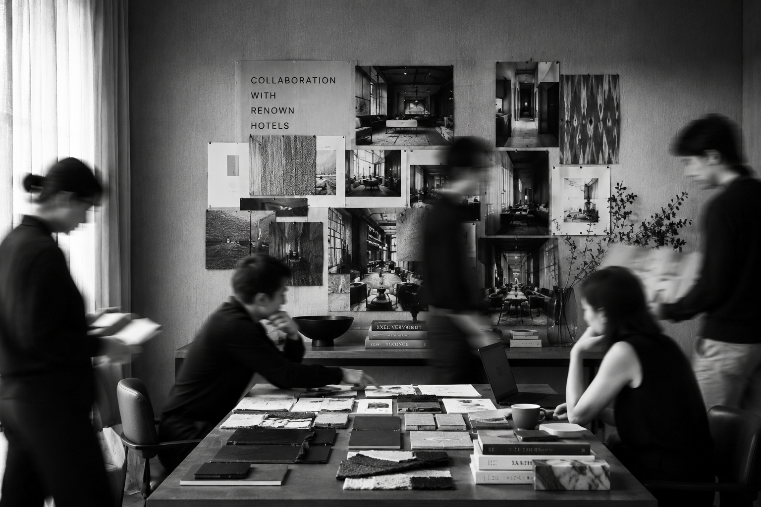 People in a meeting room with interior design images and books on the wall and table.