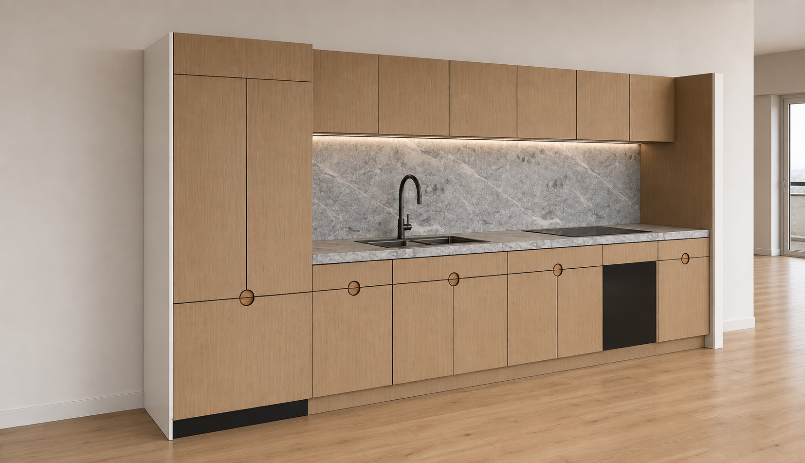 Modern kitchen with light wood cabinets, marble countertop and backsplash, black faucet, and stove, with a door leading to a balcony.