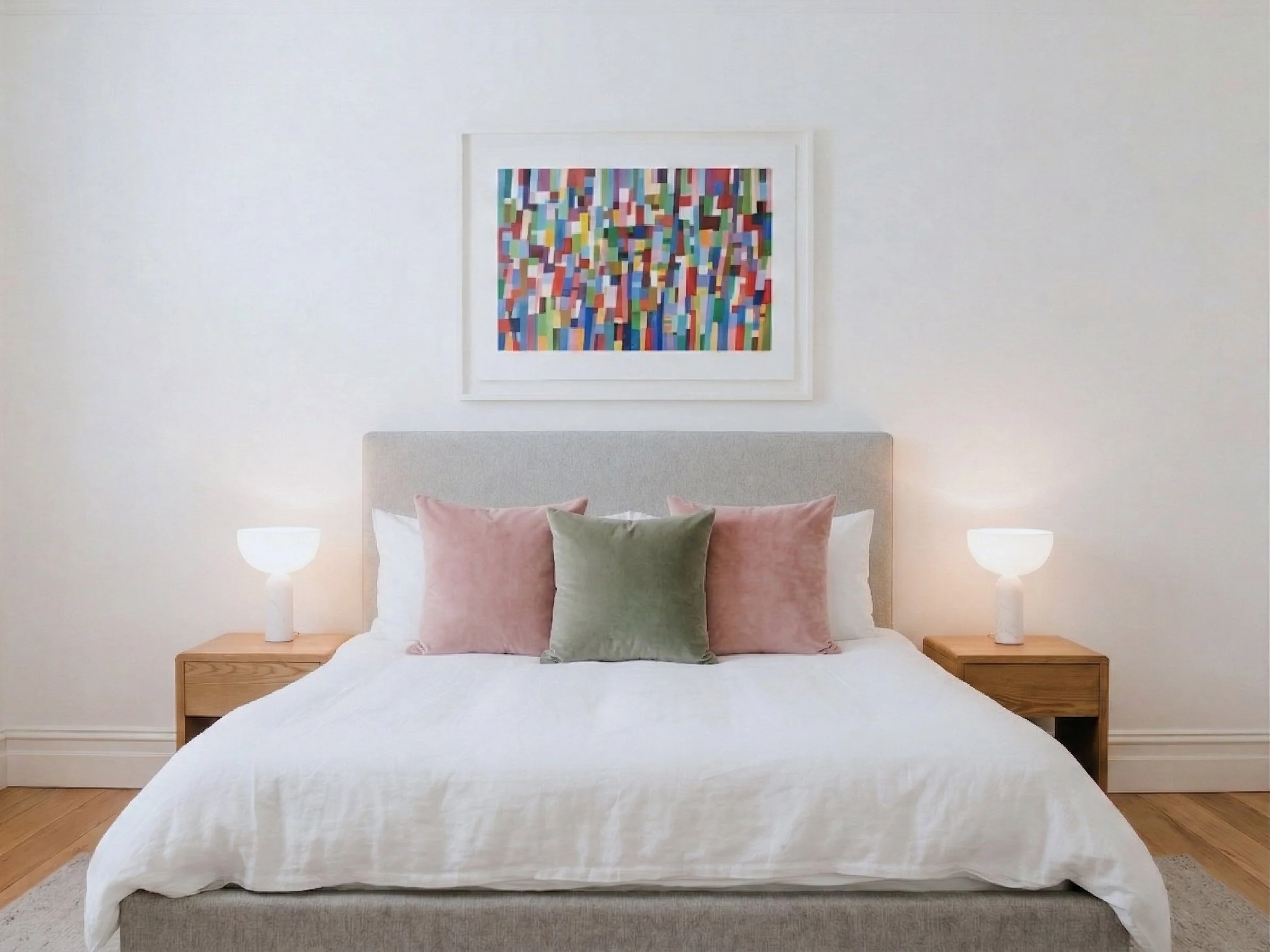 A neatly made bed with white bedding, pastel pink and green pillows, two wooden nightstands with modern white lamps, and a colourful abstract artwork hanging above the headboard in a bedroom.