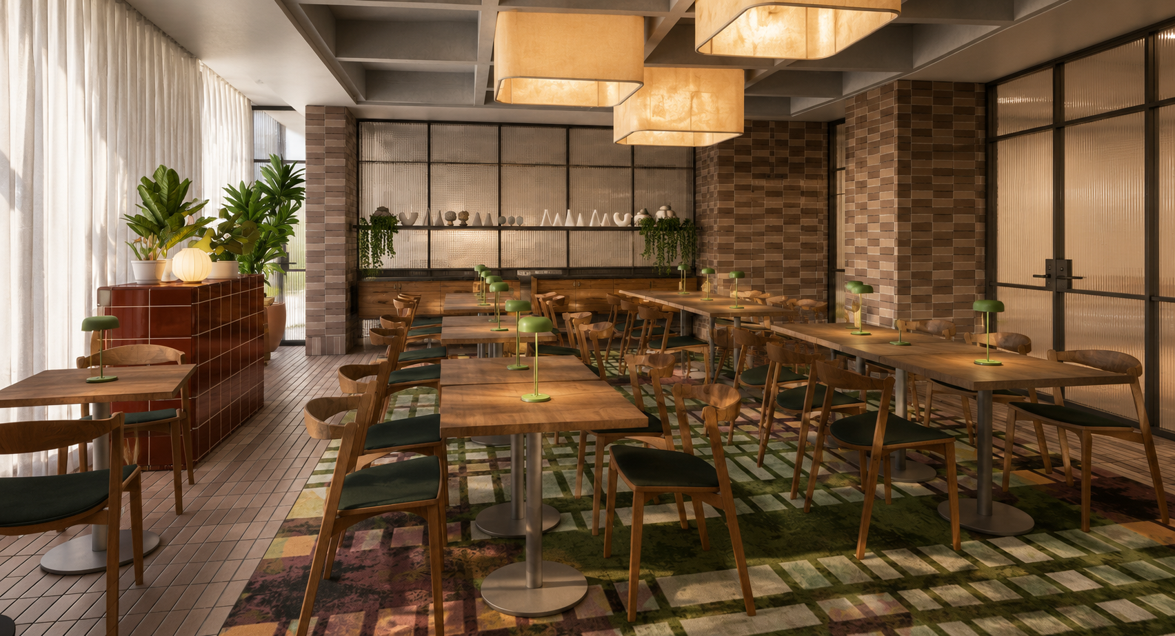 Interior of a modern restaurant or cafe with wooden tables and chairs, green desk lamps, large plants, brick walls, and textured glass partitions. Natural light filters through sheer curtains.