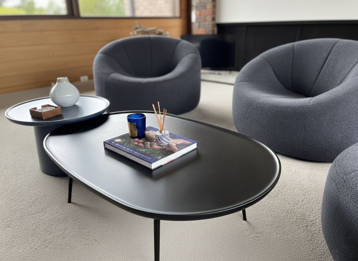 Modern living room with a black oval coffee table, tufted round gray chairs, a side table with a vase and basket, and a magazine with a blue candle and reed diffuser on the coffee table.