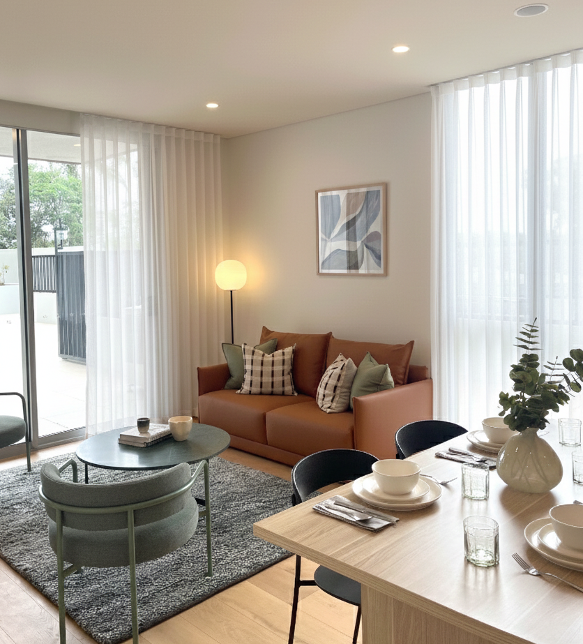 Living room with a brown sofa, patterned throw pillows, a round coffee table, a floor lamp, wall art, sheer white curtains, dining table with dishware, a vase with greenery, and balcony doors