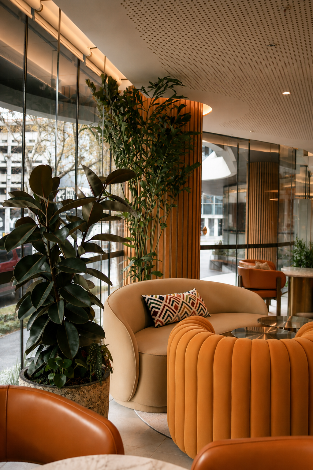 Interior of a modern cafe with large glass windows, green indoor plants, a beige curved sofa with a geometric patterned pillow, orange velvet seating, and a marble table, illuminated by natural light and warm lighting fixtures.