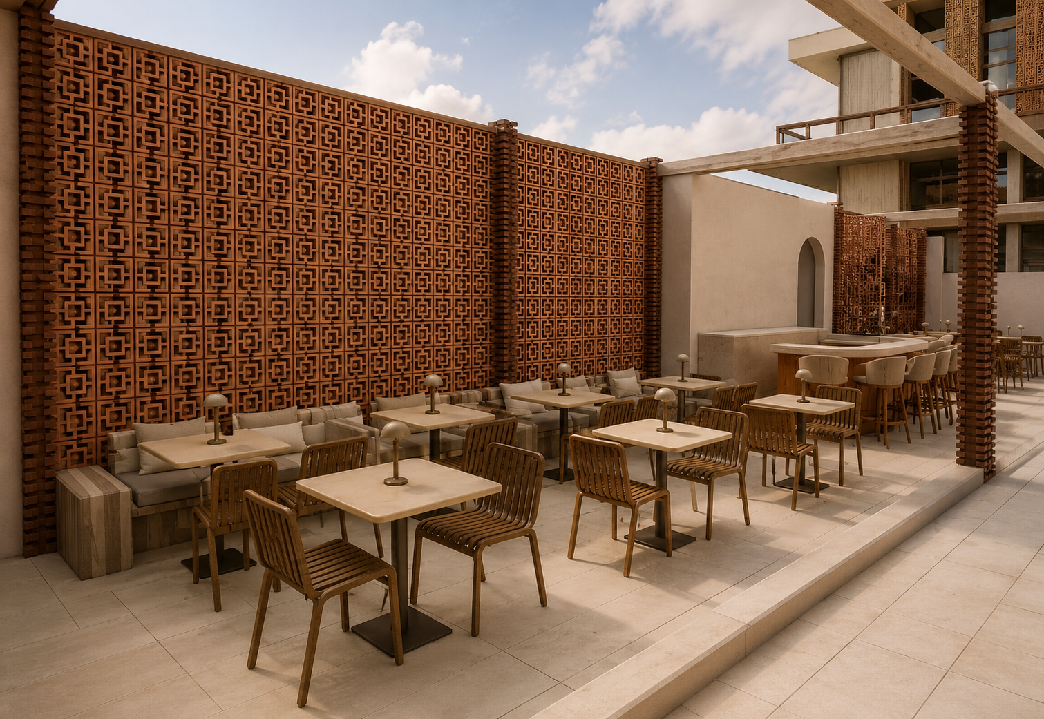 Outdoor dining area with wooden tables and chairs, beige cushions, and decorative brick wall panels during daytime