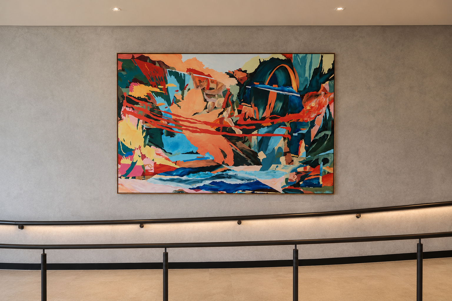 Colorful modern abstract painting on a gray wall in a gallery.