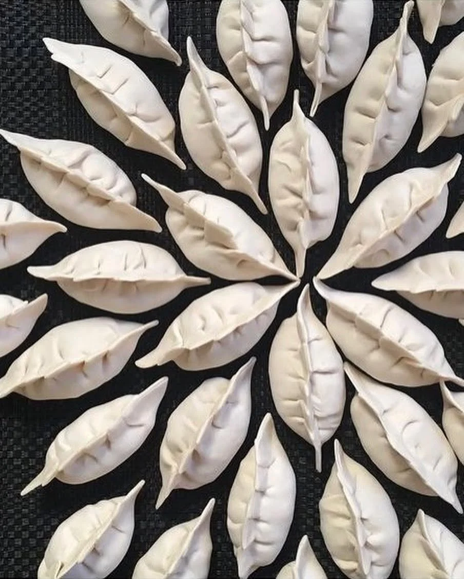 Rows of uncooked dumplings arranged on a dark surface.