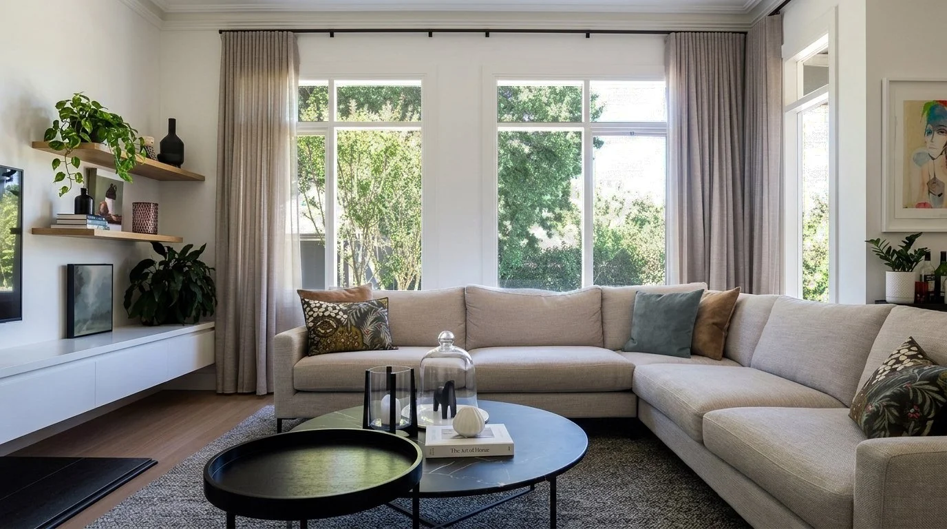 Living room with large beige sectional sofa, coffee table with decorative items, and large windows with beige curtains revealing greenery outside.