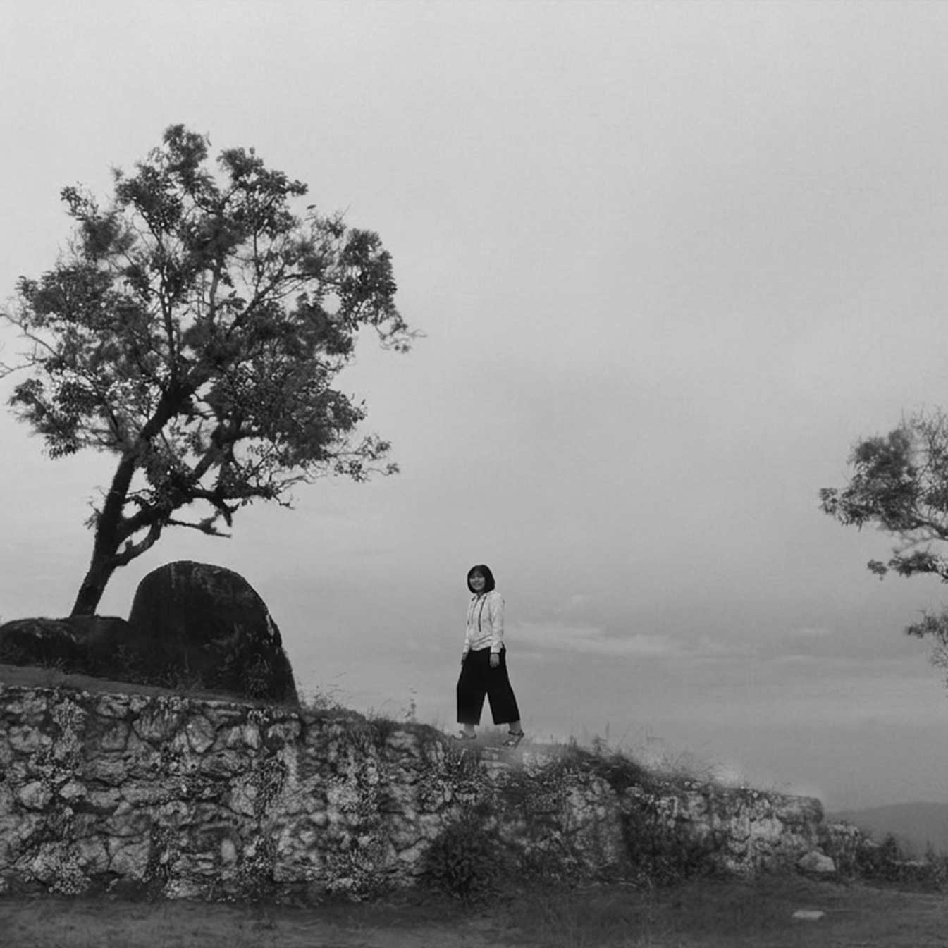A black and white photo of a woman standing on a rocky terrain with a large tree and a smaller tree in the background, and a cloudy sky.