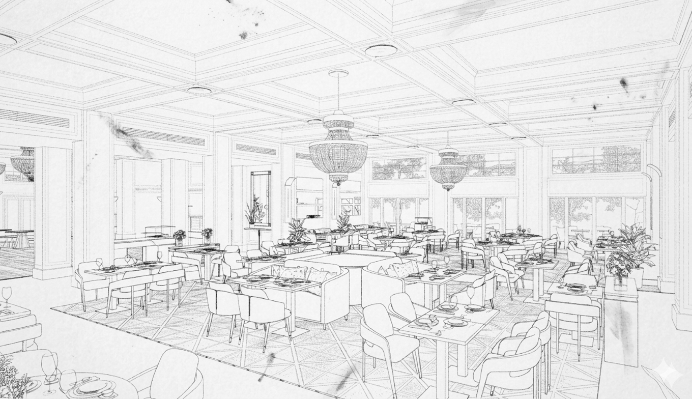 Elegant restaurant dining area with white walls and ceiling, large windows letting in natural light, chandeliers, and a variety of tables and chairs arranged for guests, with decorative plants and flowers.