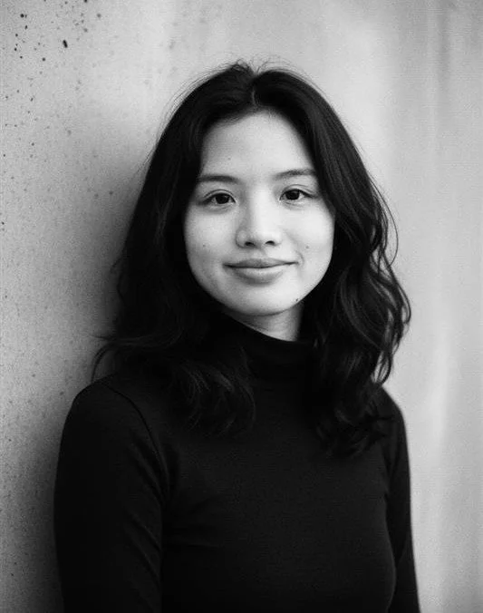 Black-and-white portrait of a young woman with shoulder-length wavy hair, wearing a black turtleneck, standing against a plain wall.