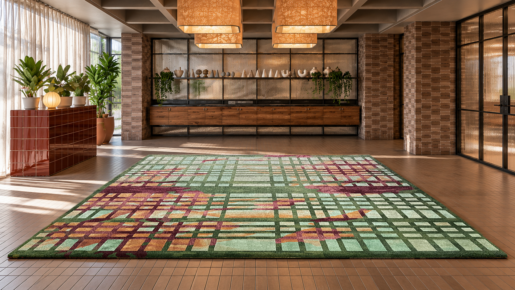 Modern interior space with a multicolored patterned rug on wooden flooring, brick and glass walls, a display shelf with decorative vases, lush potted plants, and large windows with sheer curtains.