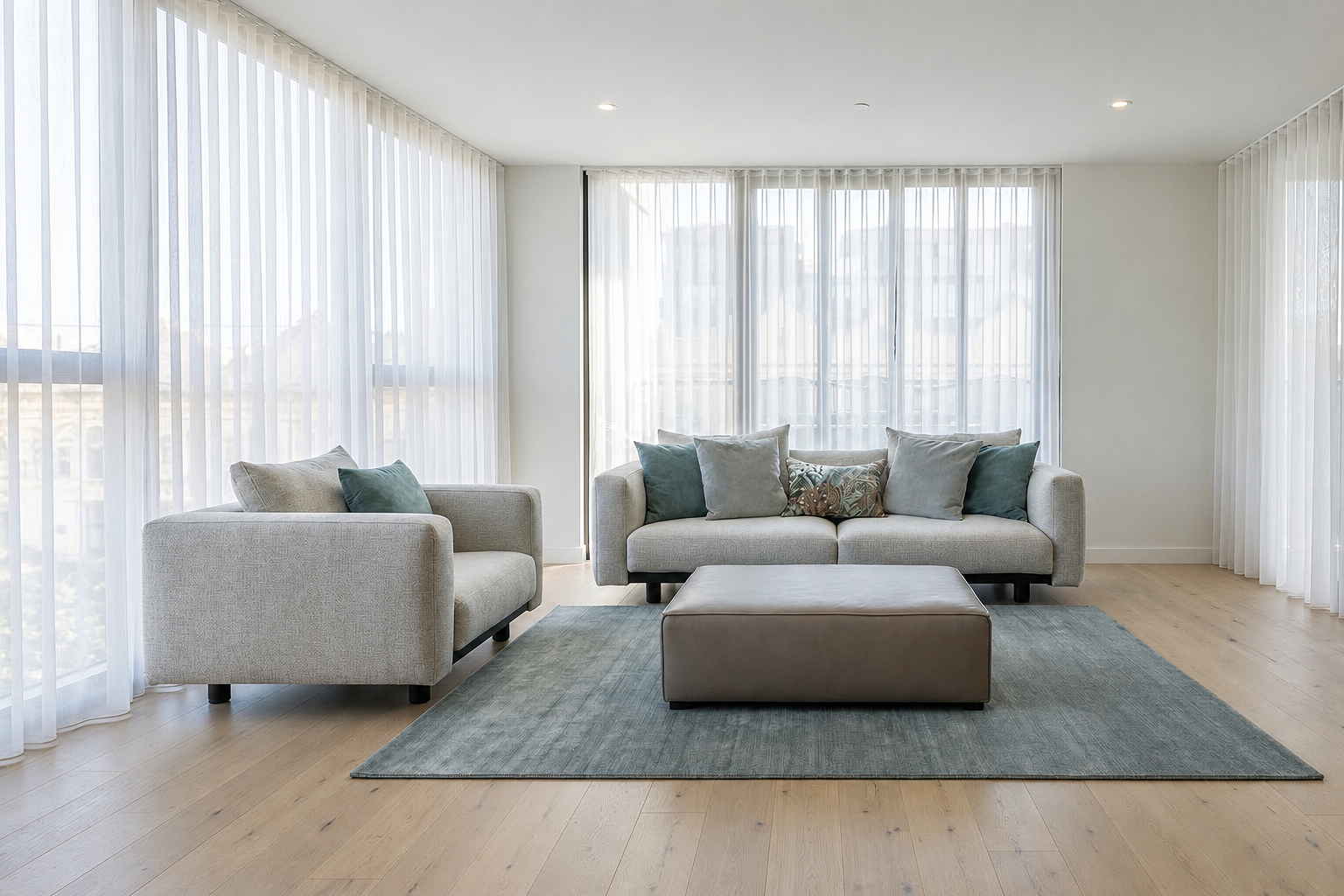 Modern living room with beige sofa set, throw pillows, a brown ottoman, a blue rug, and large windows with sheer curtains letting in natural light.